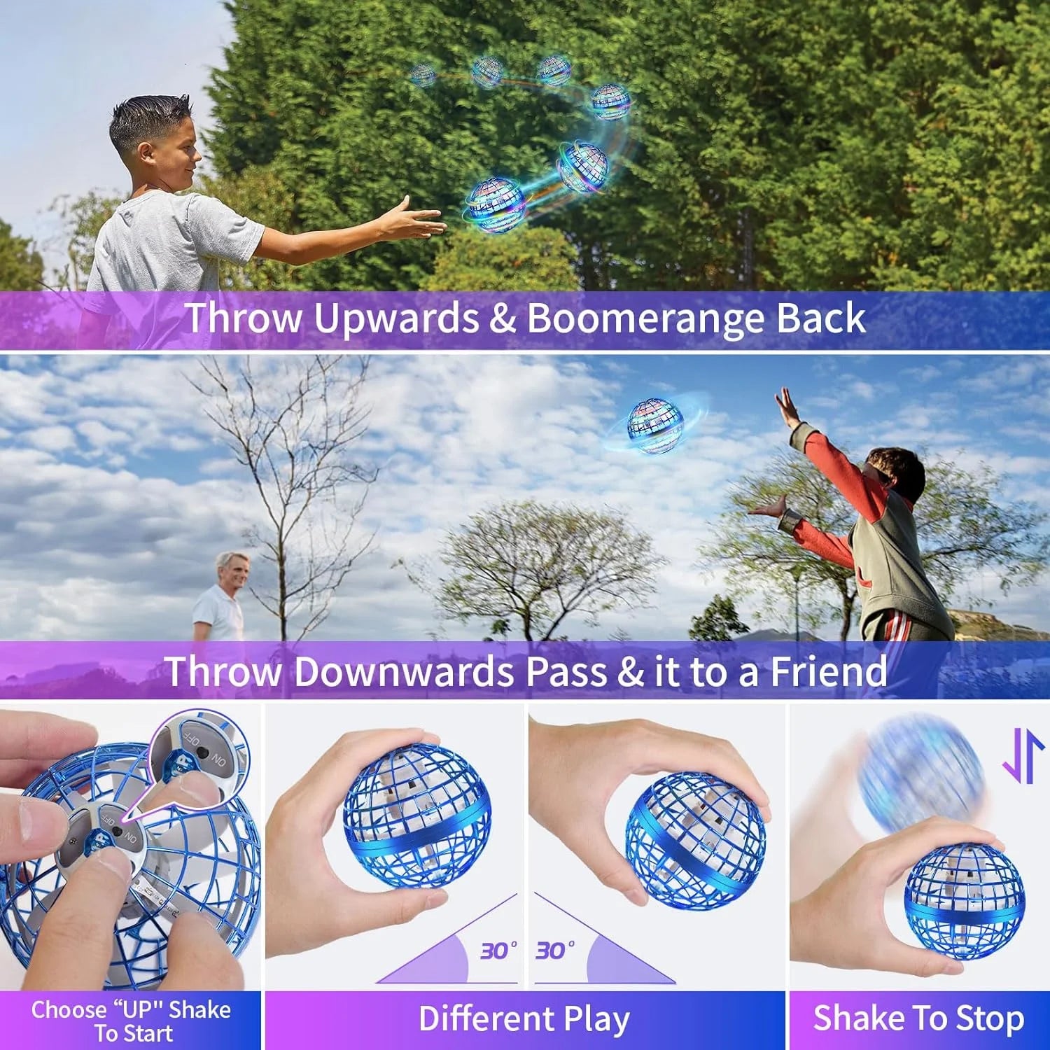 Flying Orb Ball Toys Hover Ball DIY Globe Shape Magic Controller Mini Drone Floating Toy 360°Rotating Boomerang Ball,Built-In RGB Led Lights Spinner Toys for Kids Adults Outdoor Indoor Gift(Blue)