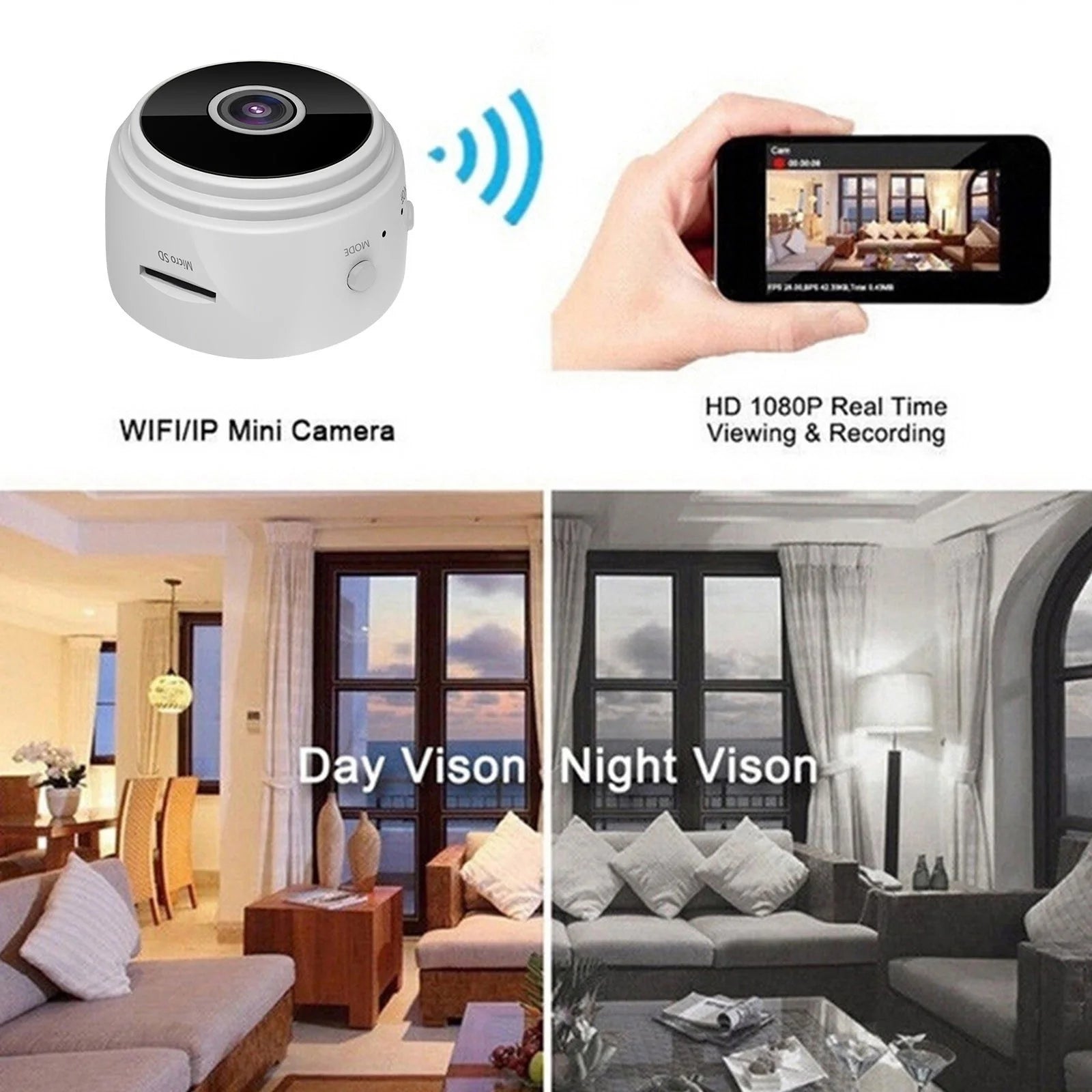 Mini Camera Wireless HD 1080P Security Cam Night Vision Motion Detects with 360° Adjust