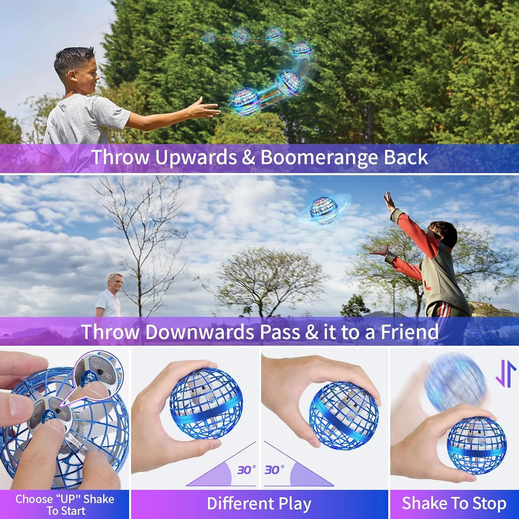 Flying Orb Ball Toys Hover Ball DIY Globe Shape Magic Controller Mini Drone Floating Toy 360°Rotating Boomerang Ball,Built-In RGB Led Lights Spinner Toys for Kids Adults Outdoor Indoor Gift(Blue)